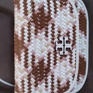 Tory Burch Britten Woven Small Saddle Bag. New Snap front closure